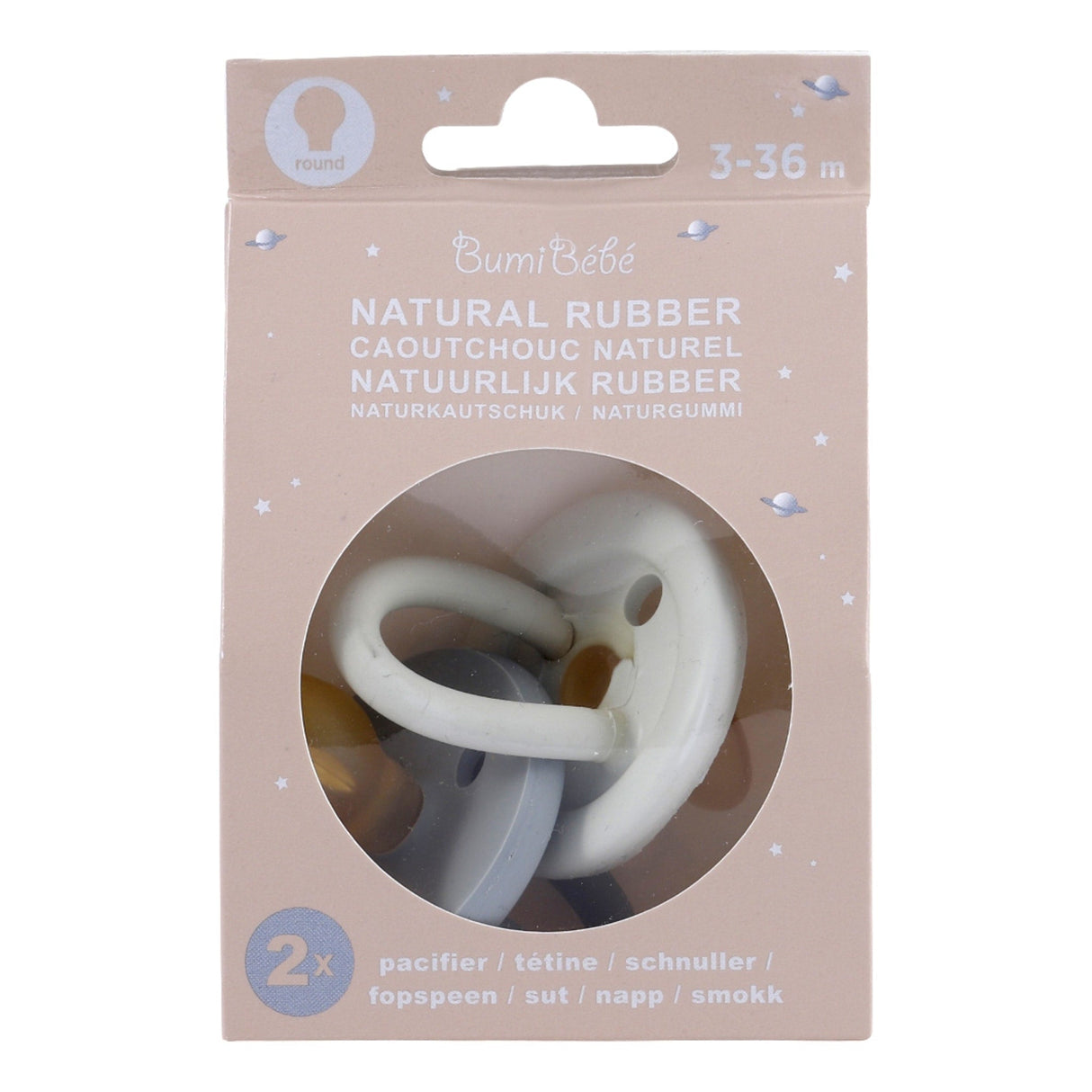 Natural Rubber BumiBébé Pacifier ROUND 3-36 Months Two-Pack - Round 3-36 months