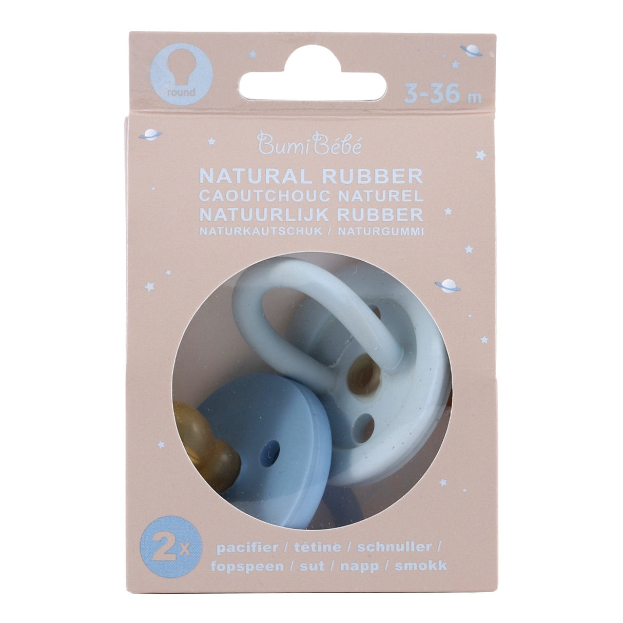 Natural Rubber BumiBébé Pacifier ROUND 3-36 Months Two-Pack - Round 3-36 months
